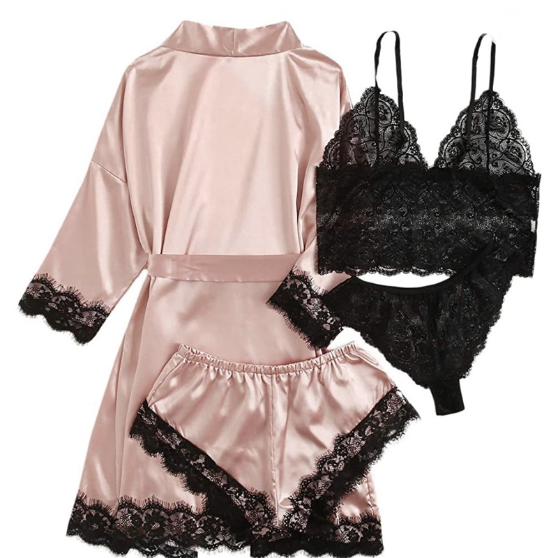Spitze-bemalte Satin-Pyjamas 4-teiliges Set
